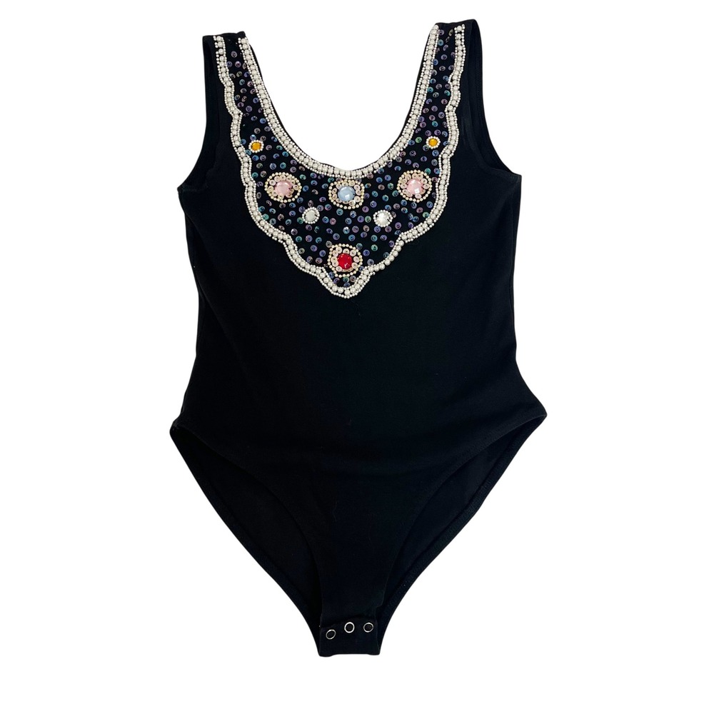 Vintage In Charge Black Beaded Pearl Gemstone Bodysuit Sleeveless Tank 90s SMALL